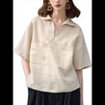 thumbnail image 1 of Camisas de Cuello en V para Mujer, Blusas Casuales de Corta con Solapa y Bolsillos Dobles. Beige L, 1 of 10
