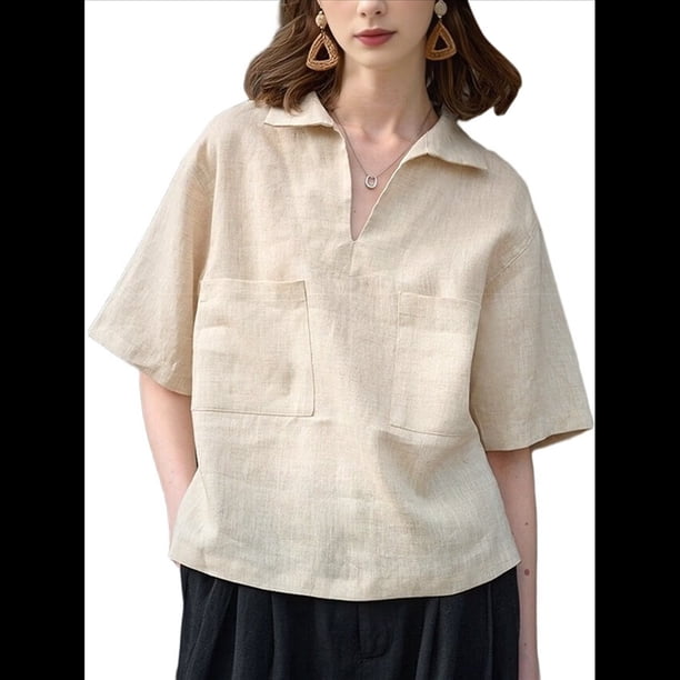 Camisas de Cuello en V para Mujer, Blusas Casuales de Corta con Solapa y Bolsillos Dobles. Beige M