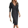 thumbnail image 3 of Women's Long Sleeve Sweater Dress Side Split Bodycon Dresses Fall Midi Long Deep V Neck Fitted Spring Casual, 3 of 8
