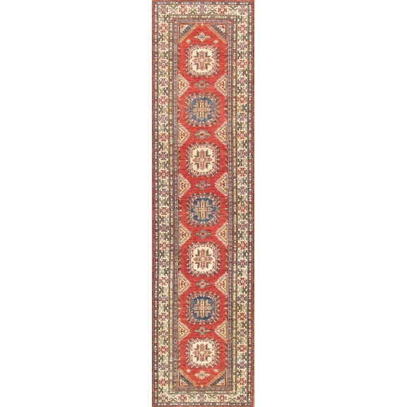 Pasargad Home Kazak 2.8' x 10' Hand-Knotted Lamb's Wool Red/Ivory Runner Rug - All Ages, Indoors