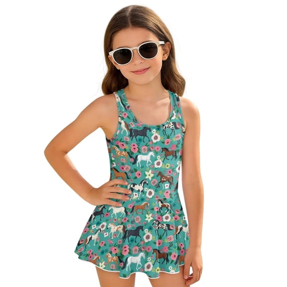 Uorisanigo Girls Swimsuit One Piece Size 3-4 Western Horse Floral Bathing Suit Swimwear with Skirt Modest Summer Swim Dress for Kids
