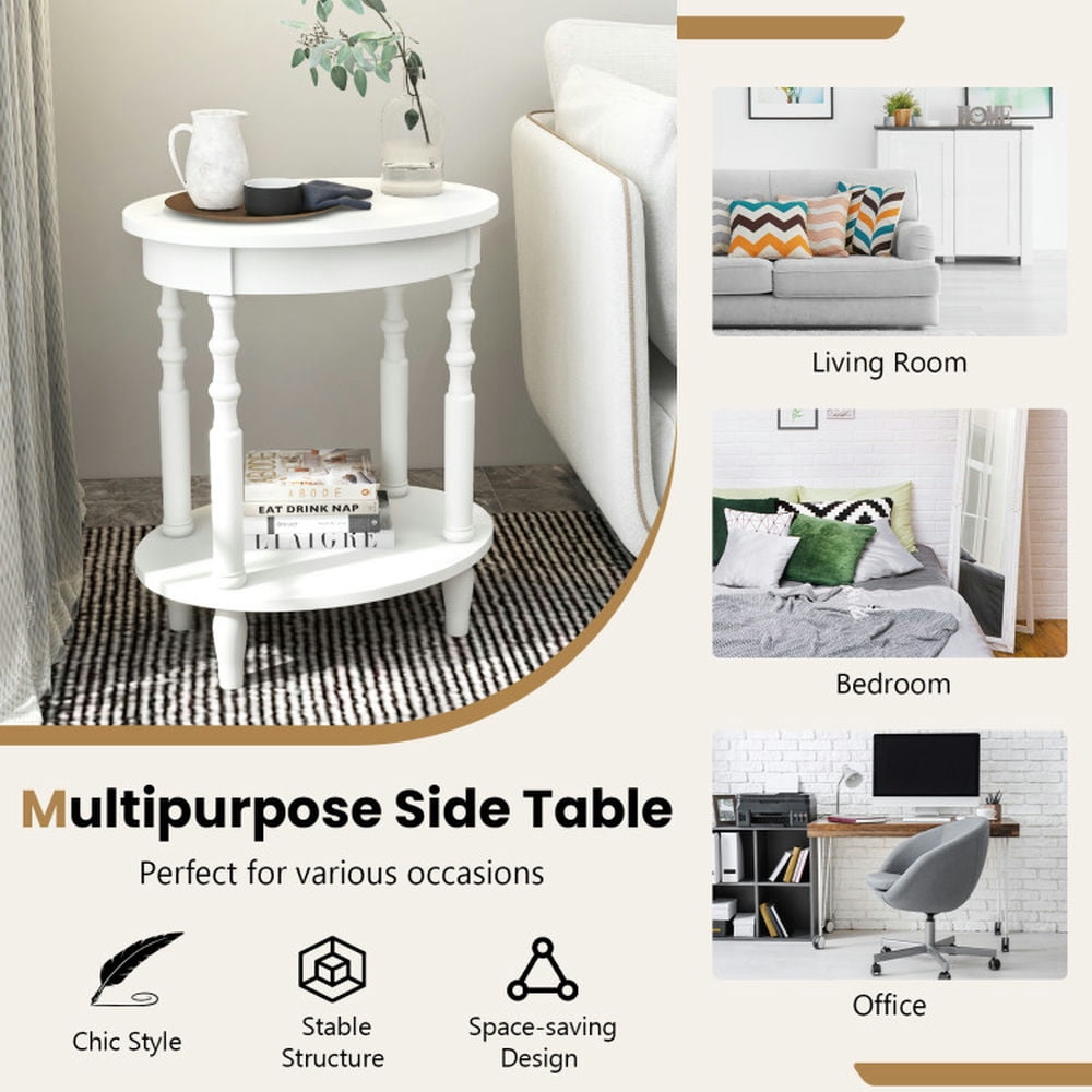 Finihen End Table, Oval End Table, 2-Tier Oval Side Table with Storage Shelf and Solid Wood Legs, Sofa Side Table, Bed Side Table, for Living Room, Bedroom, White Finihen End Table, Oval End Table, 2-Tier Oval Side Table with Storage Shelf and Solid Wood Legs, Sofa Side Table, Bed Side Table, for Living Room, Bedroom, White