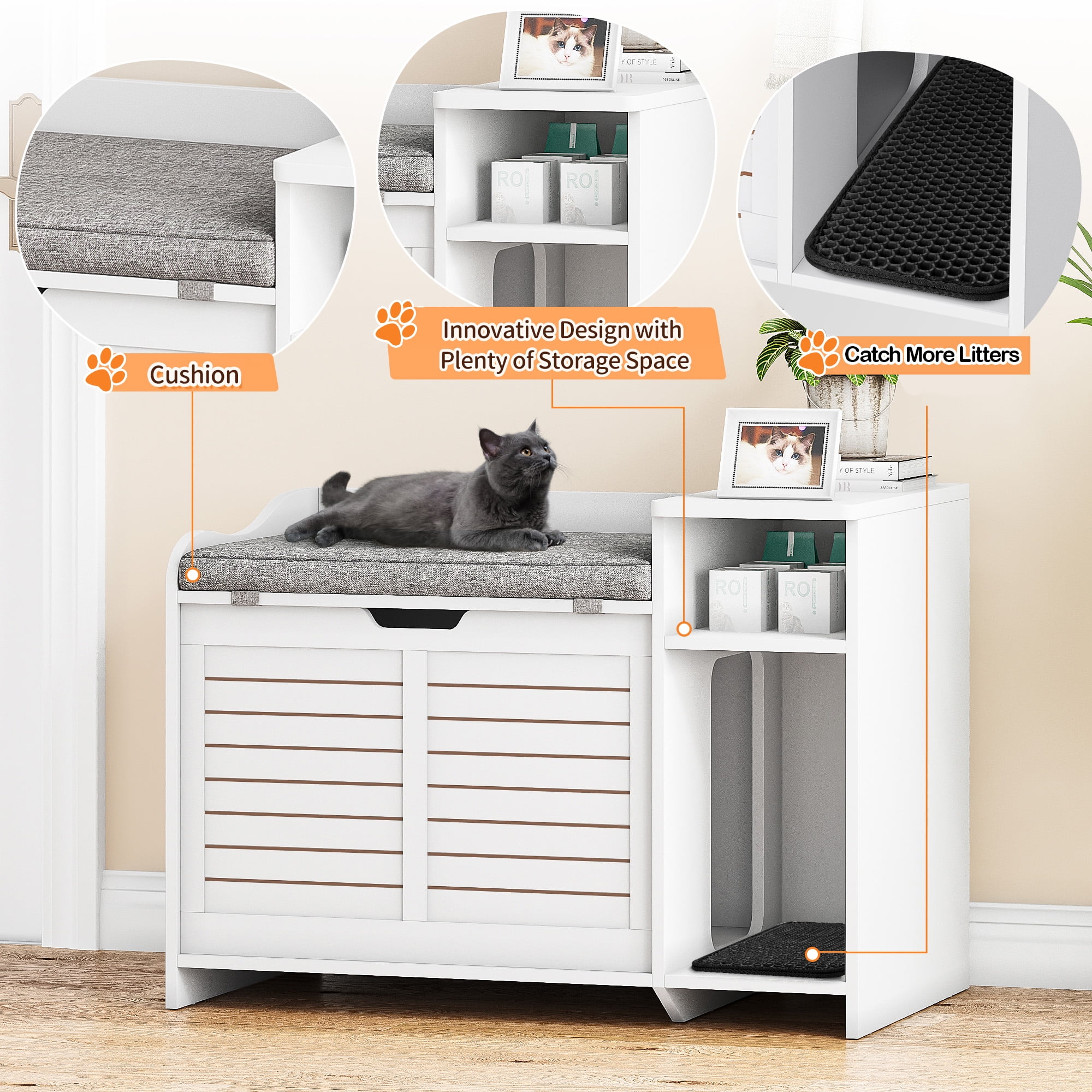 AOILE Cat Litter Box Enclosure – Hidden Litter Box Cabinet with Top Opening, Cushion, and Storage | Stylish Privacy Cat Litter Furniture