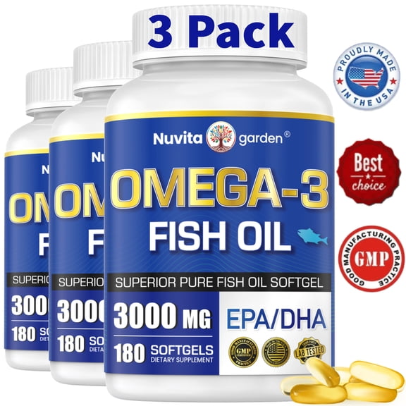 3 Pack Fish Oil 3000mg with EPA & DHA, Omega-3 Fish Oil Healthy Heart, Improved Cardiovascular Health,540 Softgels
