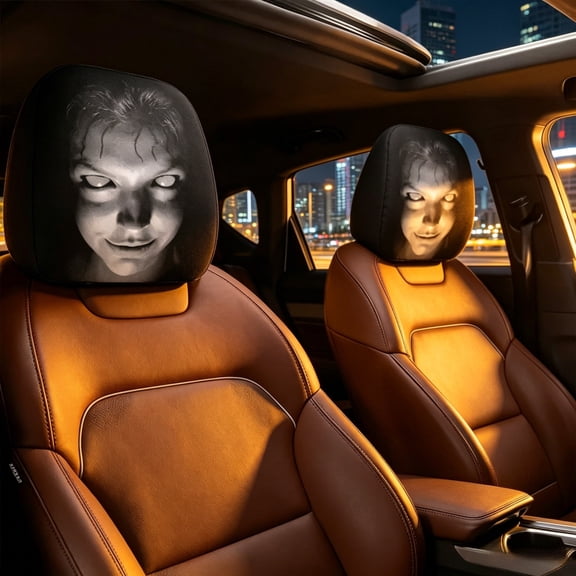Glowing Face Headrest Cover 2Pack,Halloween Scary Car Seat Head Rest Covers,Ghost Face Design Universal for Long Trips,Funny Washable Decoration for Car Interior Vehicle Truck SUV Travel Comfort