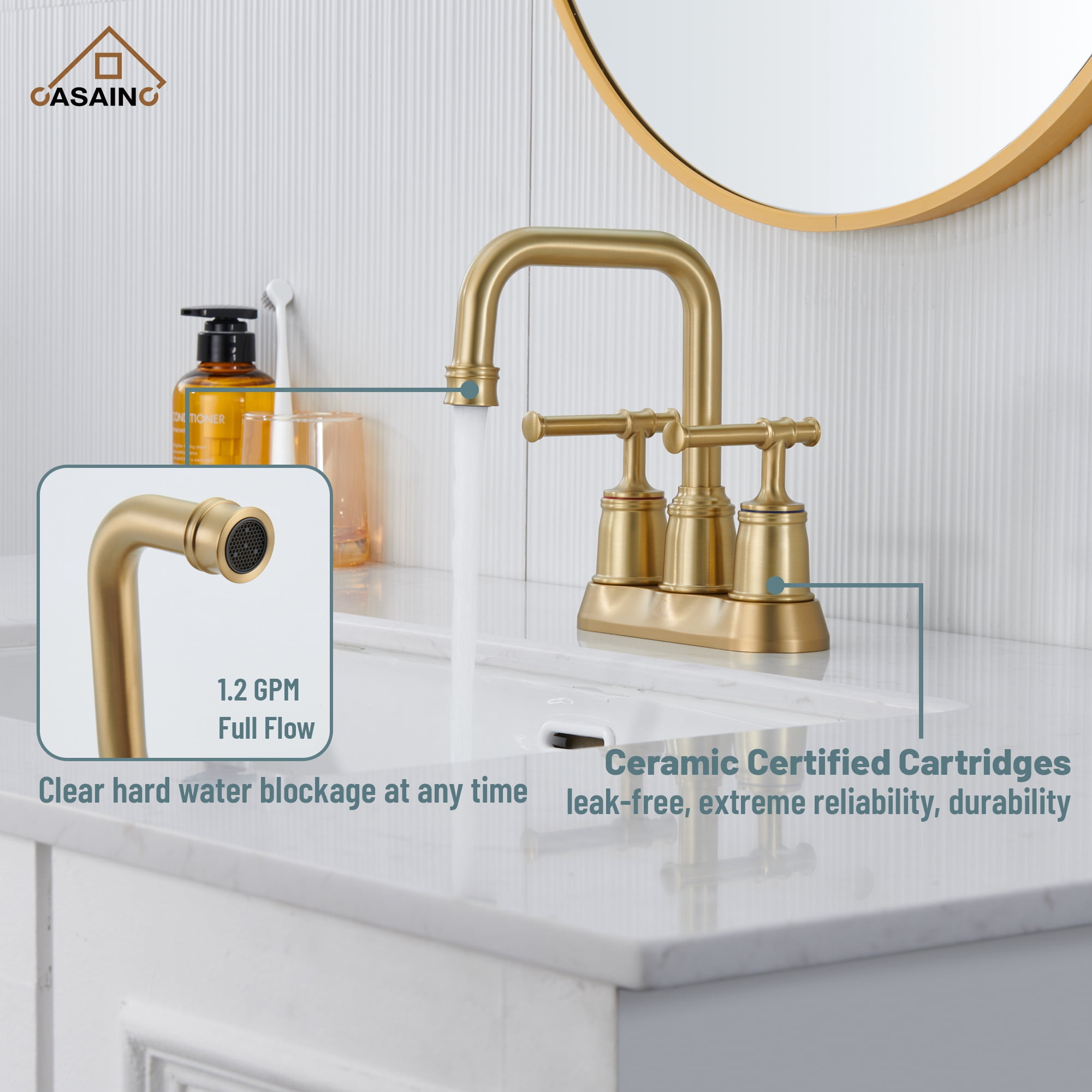 CASAINC 4 in. Centerset Double Handle 2 holes Bathroom Sink Faucet Lavatory Faucet with Stainless steel Drain in Brushed Gold