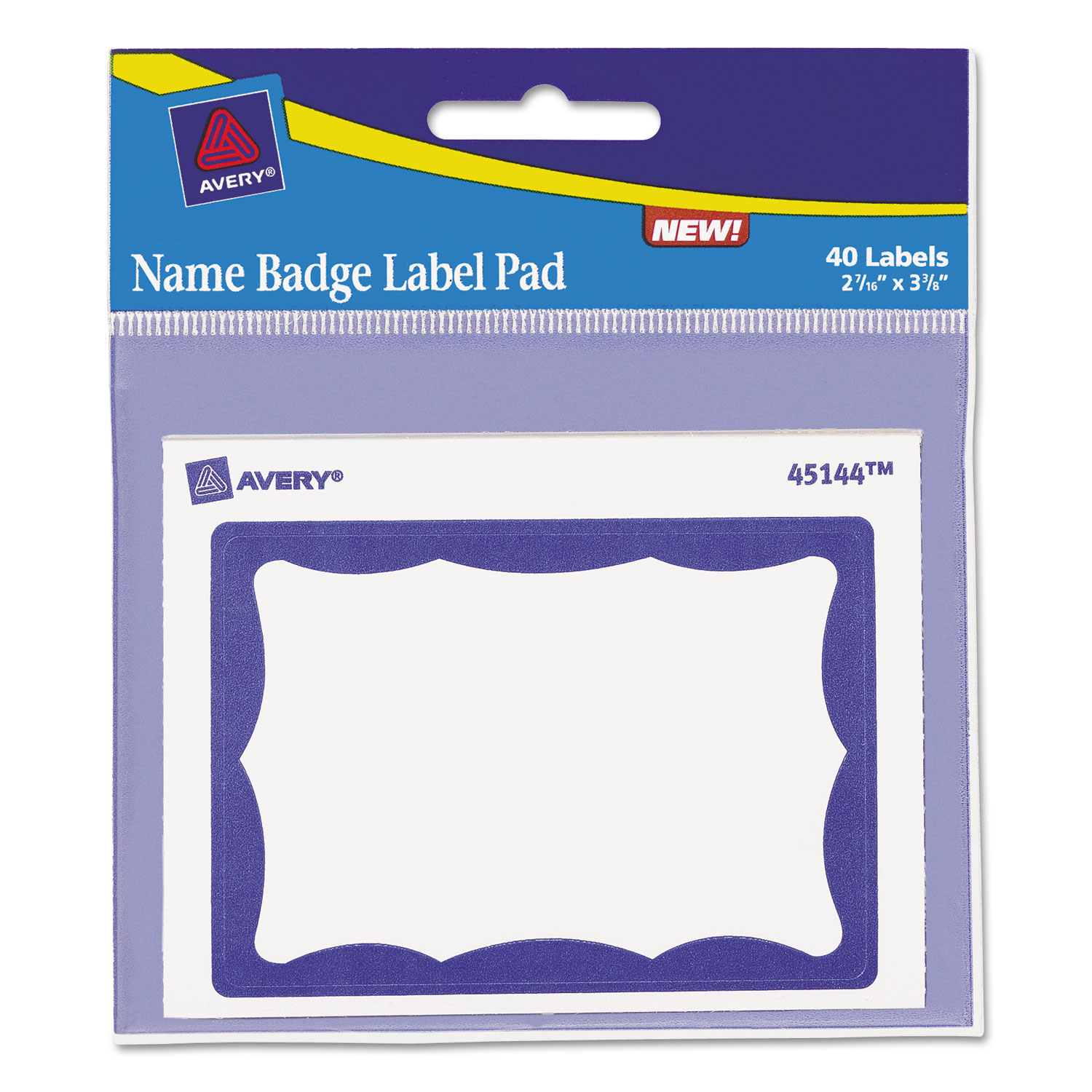 Name Badge Label Pad, 3 x 4 Pad, 27/16 x 33/8 Labels, Blue/White, 40