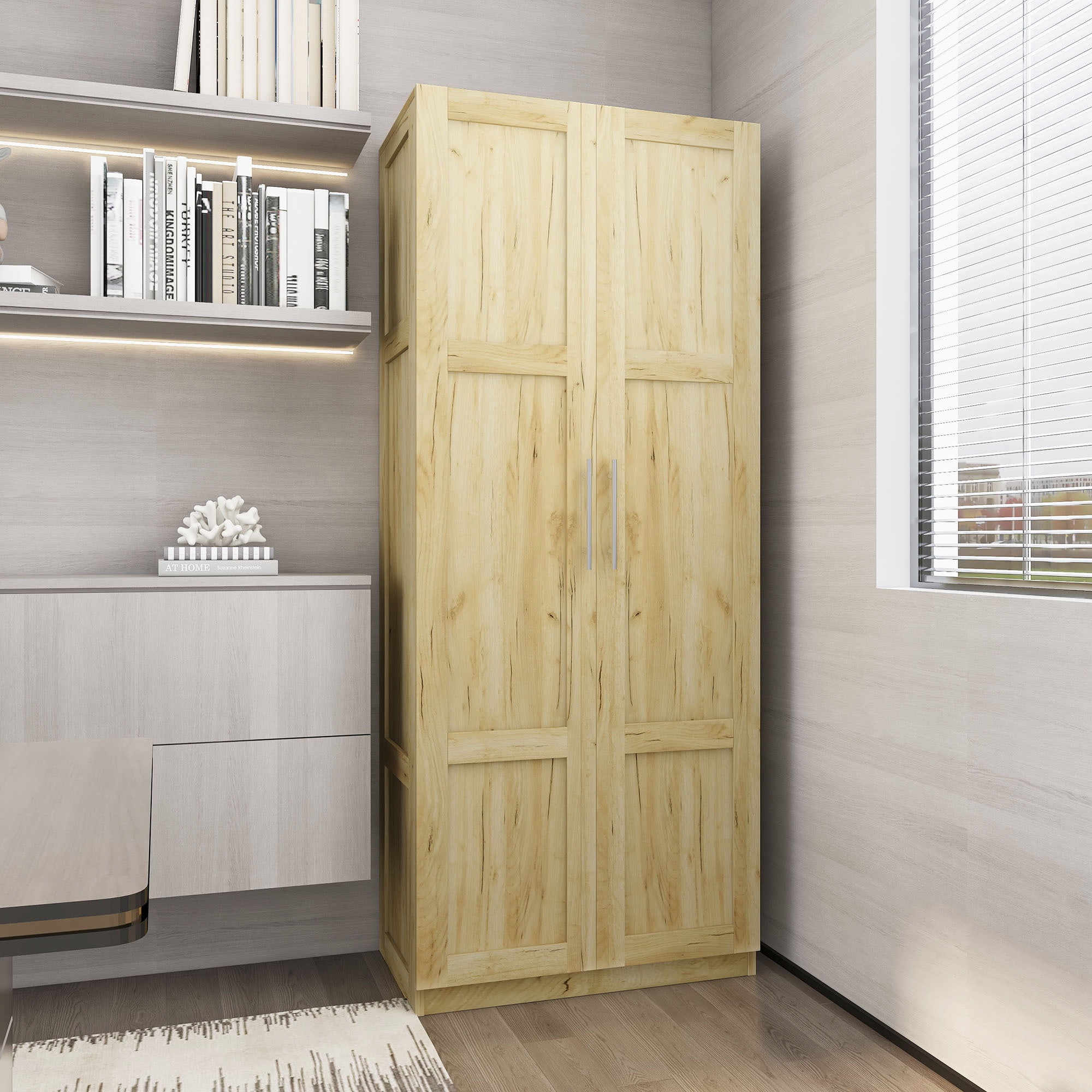 HIUU Natural Wood Storage with 2 Doors,Modern Wardrobe