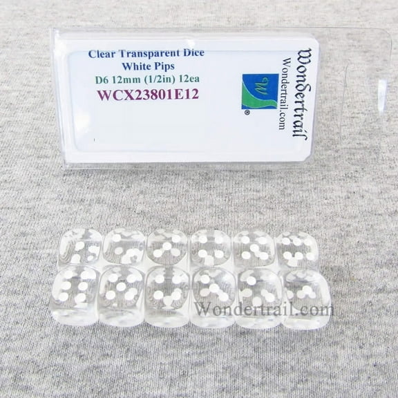 Clear Translucent Dice with White Pips D6 12mm (1/2in) Pack of 12 Wondertrail