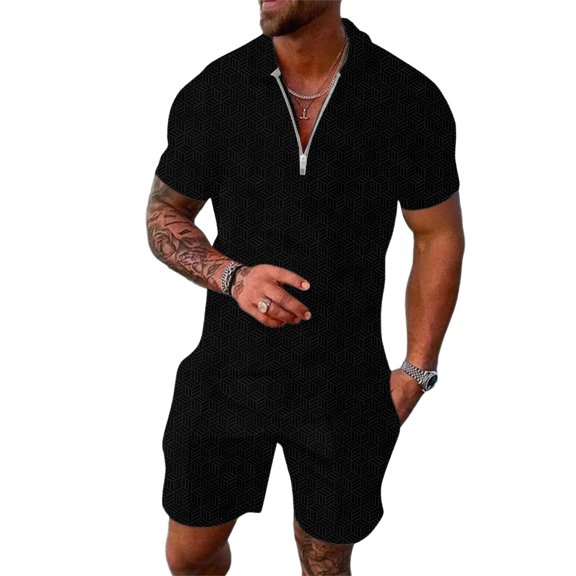 CONFREE Mens 2 Peice Shorts Sets Casual Men's Summer Outfits Set Graphic Zip Polo Shirts Shorts Beach Vacation Outfits for Men