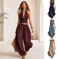 thumbnail image 2 of Quixlent Women's Halter Sleeveless Summer 2 Piece Sets, Pleated Ruffle Backless V Neck Top And Wide Leg Pants Matching Outfits, 2 of 8