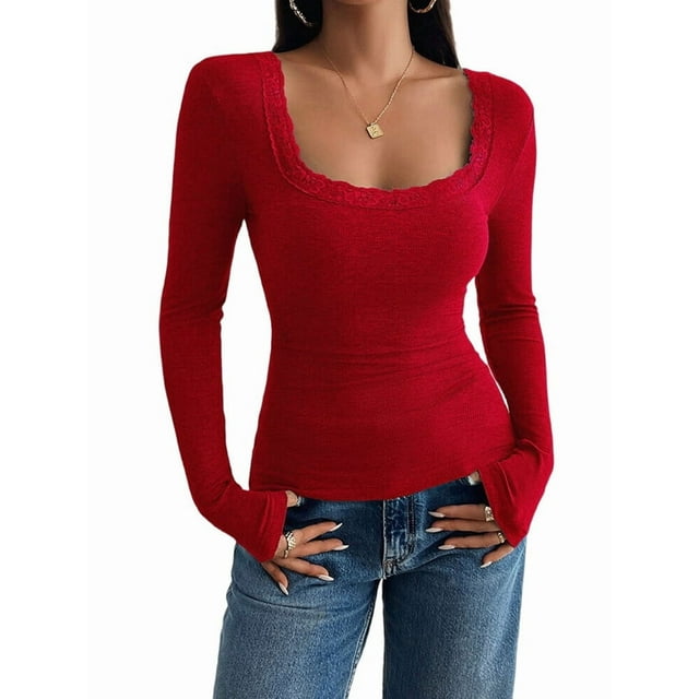Womens Long Sleeve Shirts Square Neck Ribbed Knit Crop Tops Fall Outfits Fashion Clothes Red M