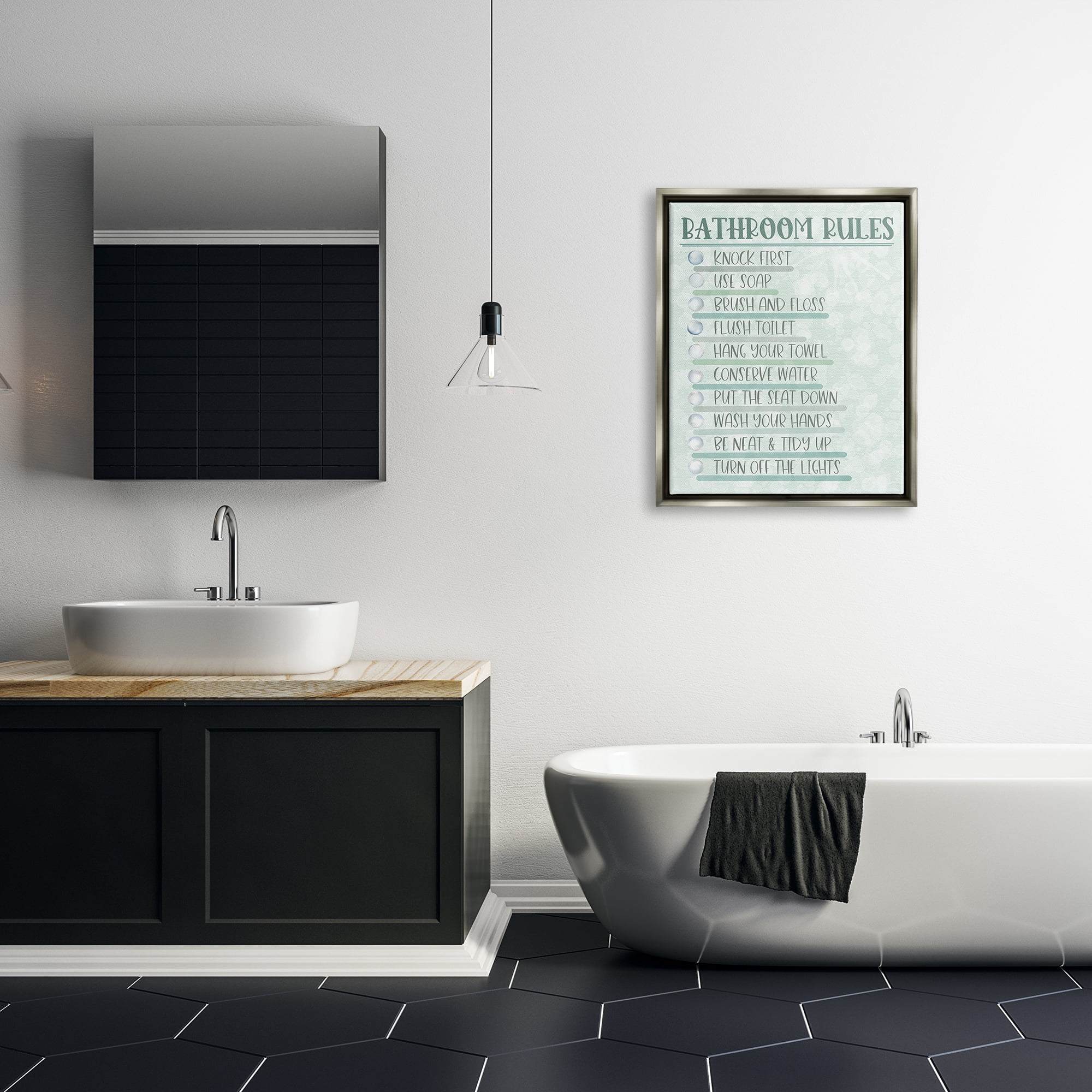 Stupell Industries Bathroom Rules on Green Typography Painting Gray Floater Framed Canvas Art Print Wall Art, 25 x 31