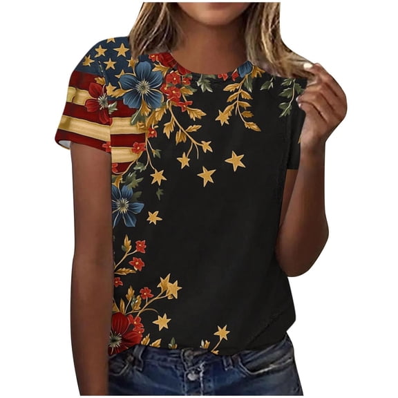 4th of July Shirts for Women Plus Size Red White and Blue Short Sleeve Round Neck T Shirts USA Flag Graphic Tops Lady Patriotic Casual T Shirts Independence Day Tunic Tees