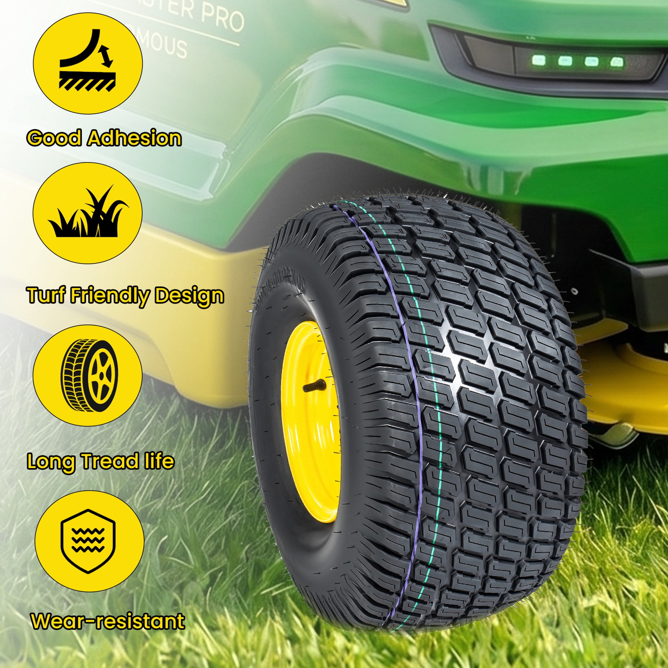 Noble House 20" x 10" Lawn Mower Tires & Wheel Assembly with Steel Rim, Tubeless Heavy Duty, Black & Yellow, Set of 2