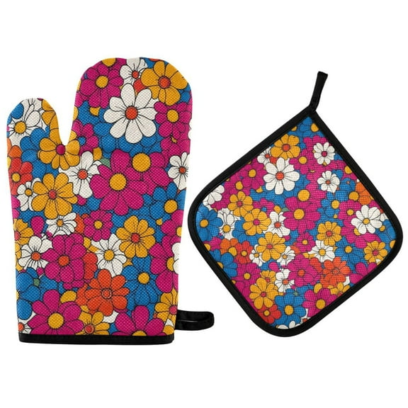 Yayeee Oven Mitts and Pot Holder Set of 2 Heat Resistant Kitchen Gloves Baking Hot Pad, Red Whimsical Floral