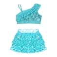 thumbnail image 3 of TiaoBug Kids Girls Gymnastic Dance Outfits Sequins Asymmetrical Shoulder Ruffle Crop Top with Skirted Shorts Set Light Blue 6, 3 of 5