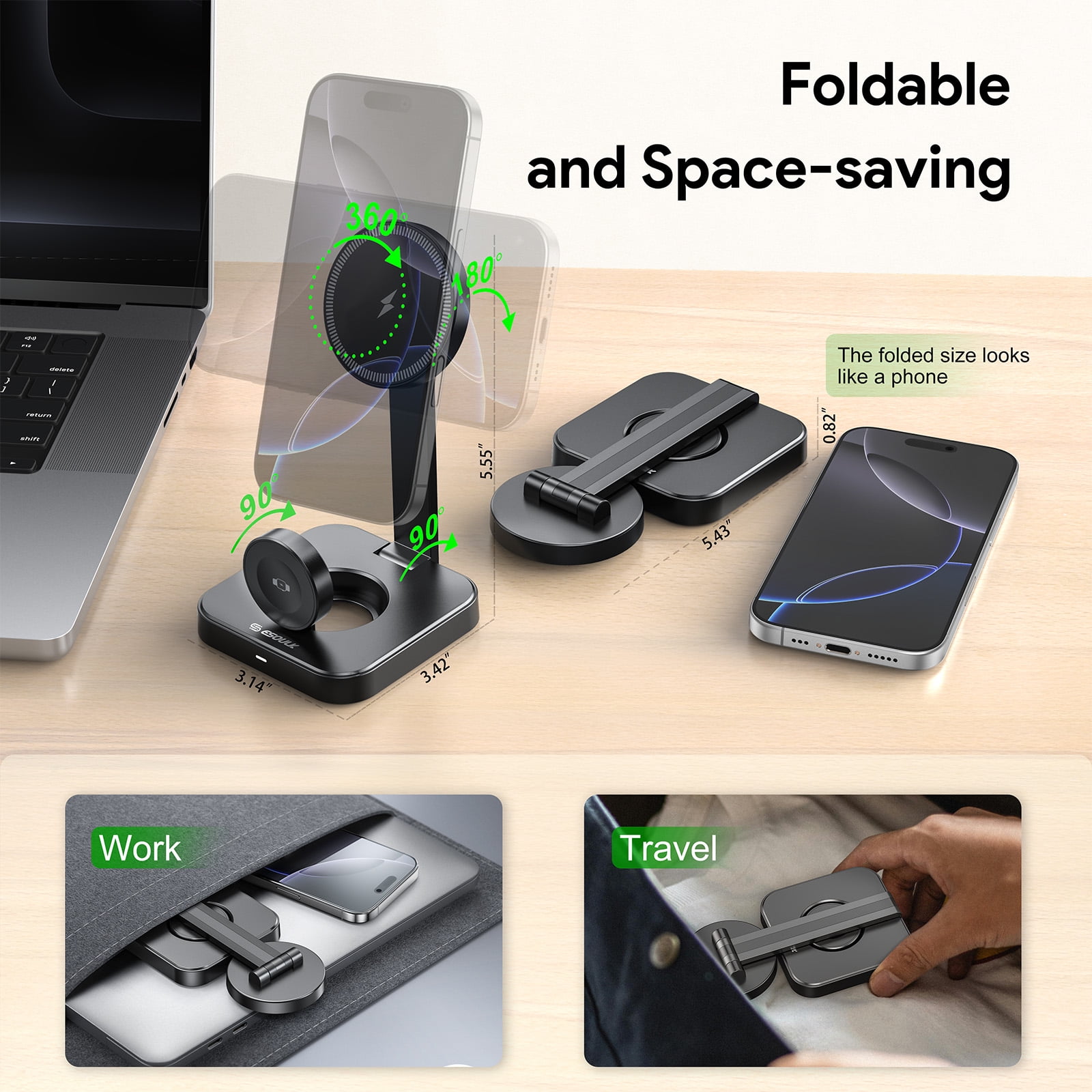 Esoulk 2-In-1 15W Compact Portable Foldable Magnetic Wireless Charger For iPhone and Apple Watch