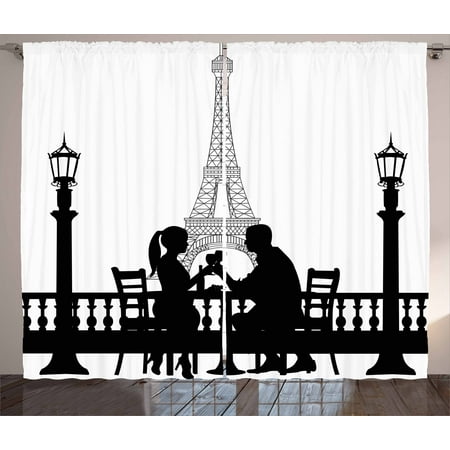 Living Room Dinner Ideas Romantic Curtains 2 Panels Set, Couple Having a Romantic Dinner in front of the Eiffel Tower Capital of Love, Window Drapes for Living Room Bedroom, 108W X 63L Inches, Black White, by Ambesonne ()