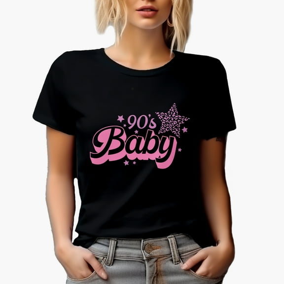 90s Baby with Leopard Prin Star, Girly Art, Millennial Merch Gift, Black T-Shirt, Small