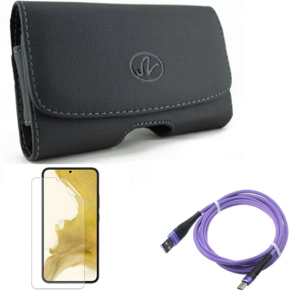 For Samsung Galaxy S21 (6.2") - Swivel Leather Case Belt Clip   Type-C Purple 10ft USB Cable   Anti-Glare TPU Film Matte Screen Protector