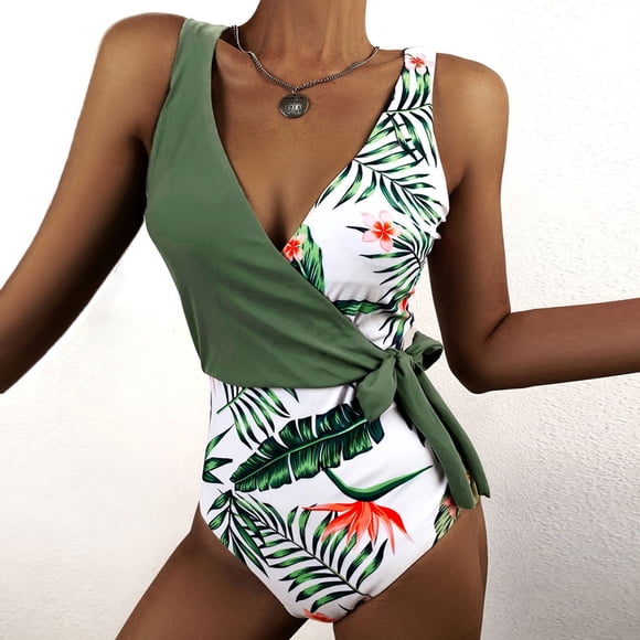 FcBaudy Womens Swimsuits Bathing Suit for Women Plus Size Swimsuit for Women Fashion Casual Women's V One-Pice Bandage Leaf Print Conservative Swimsuit Women Swimsuit