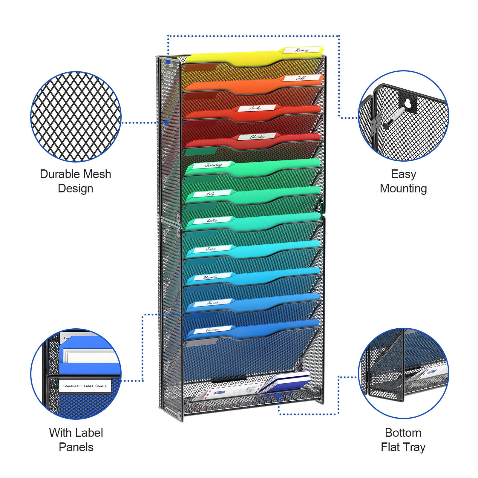 Samstar 12 Tier Wall File Organizer, Hanging Wall Mount File Holder Paper Folder Mail Organizer, Mesh Metal, Black.