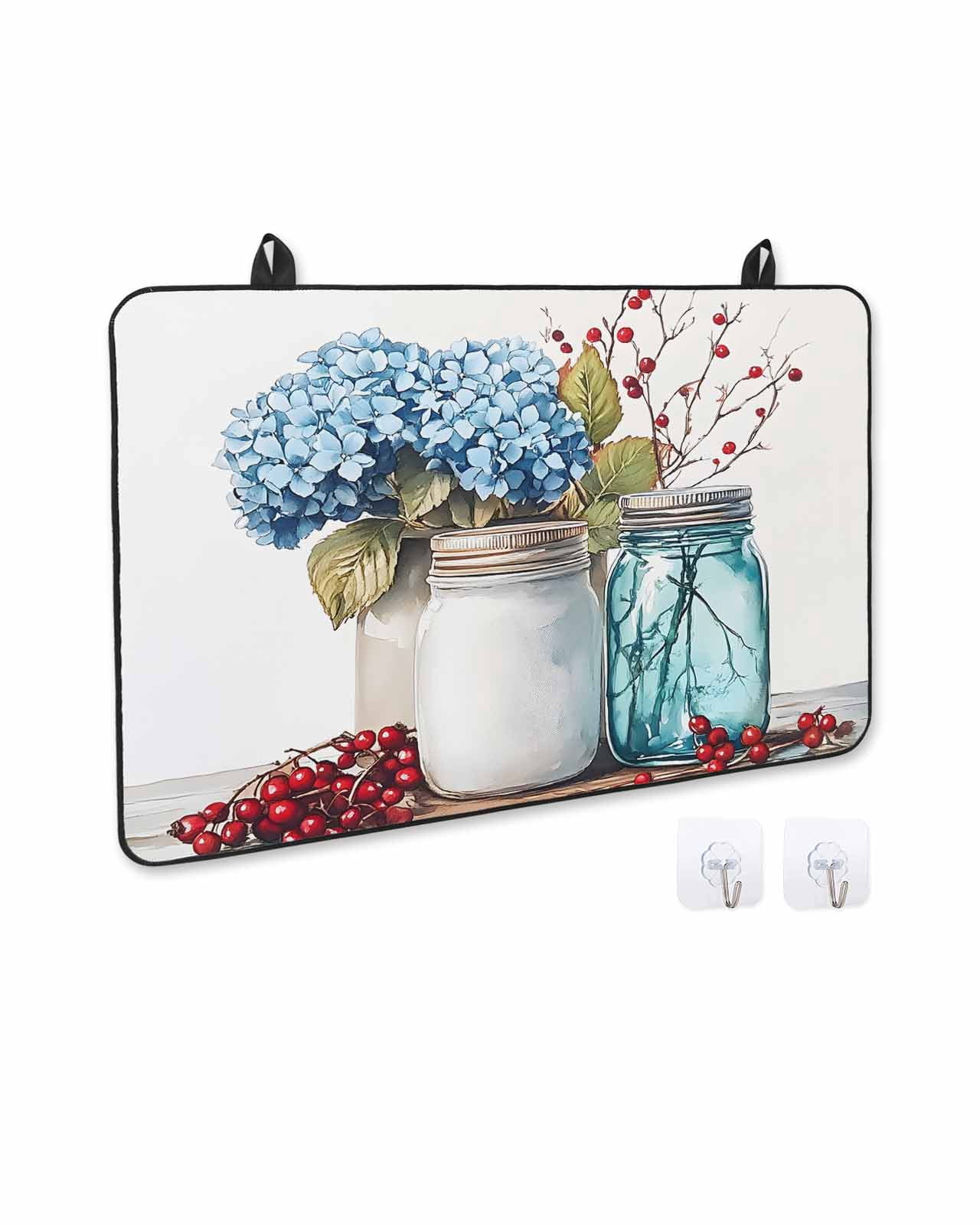 nqOlkjepod Large Induction Cooktop Protector Mat 31"x24", Spring Botanical Stove Top Covers for Electric Stove, Blue Floral Vase Watercolor Decorative Stove Burner Cover Mats, Glass Top Stove Cover