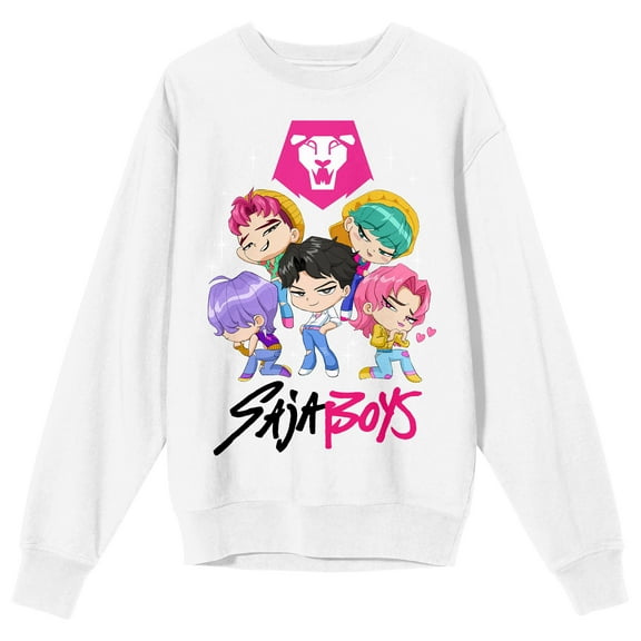 KPop Demon Hunters Saja Boys Kawaii Chibi Characters Adult White Crew Neck Sweatshirt-Medium
