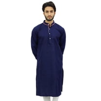 Atasi Men's Blue Designer Kurta Pyjama Set Long Cotton Shirt Wear-Small