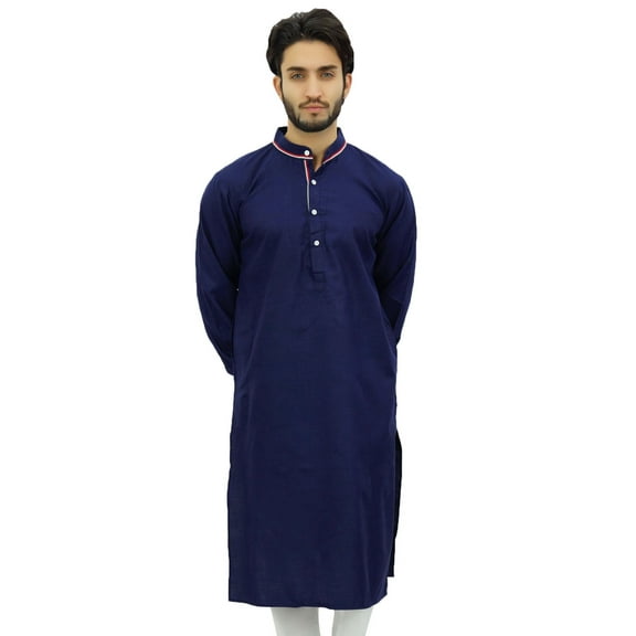 Atasi Men's Blue Designer Kurta Pyjama Set Long Cotton Shirt Wear-Small