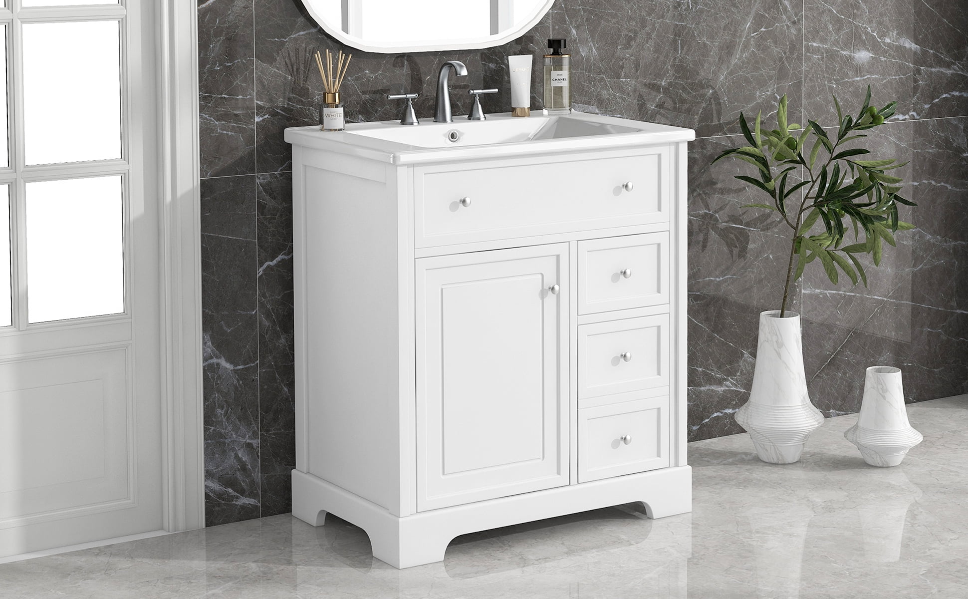 YIYADO 30 Inch Bathroom Vanity with Sink, Bathroom Vanity Cabinet with Door and Two Drawers, White