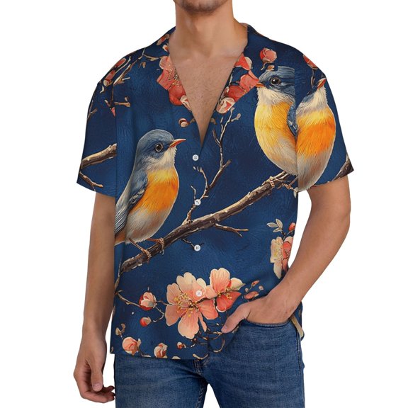 Mens Hawaiian Shirt Beach Tops Short Sleeve Vacation Clothes , Chinoiserie Birds Floral Funny