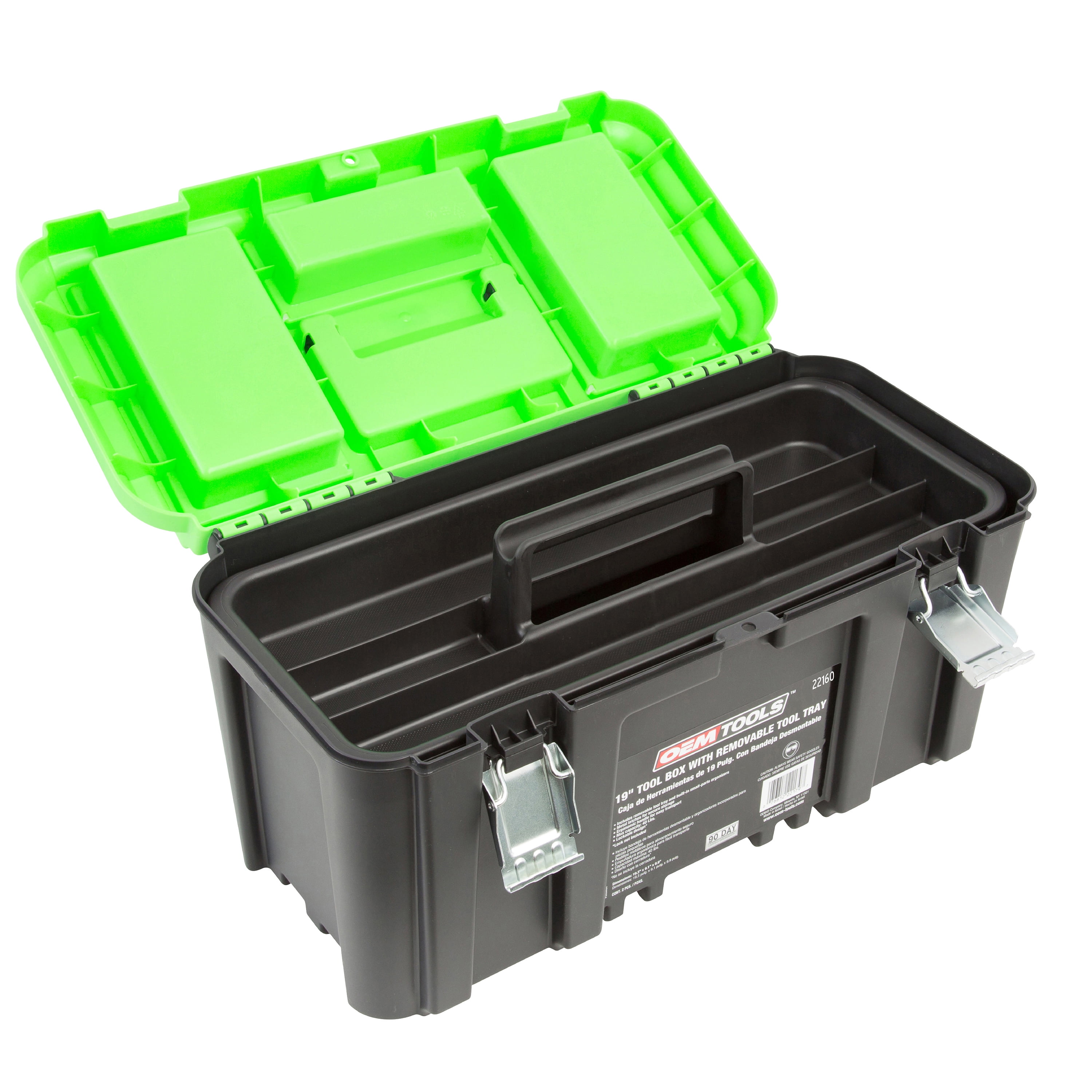 Rated up to 40 Lbs. Heavy Duty Tool Box with 2 Metal Latches OEMTOOLS 22160 19 Inch Tool Box with Removable Tool Tray Green Small Parts Organizer in Lid 