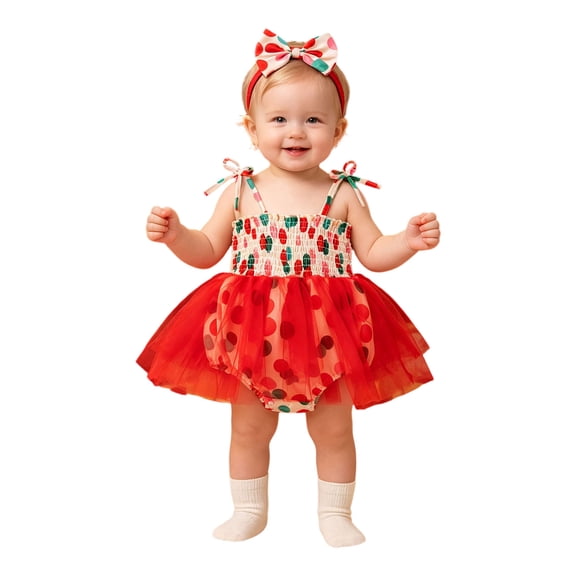 Emitonse Rompers for Toddler Girl Toddler Girls Jumpsuit Girls' Climbing Clothes Christmas Baby Party Clothes Suspender Straps Polka Dot Mesh Ha Clothing Skirt Hair 2pcs Set Size 3-6 Months,Red