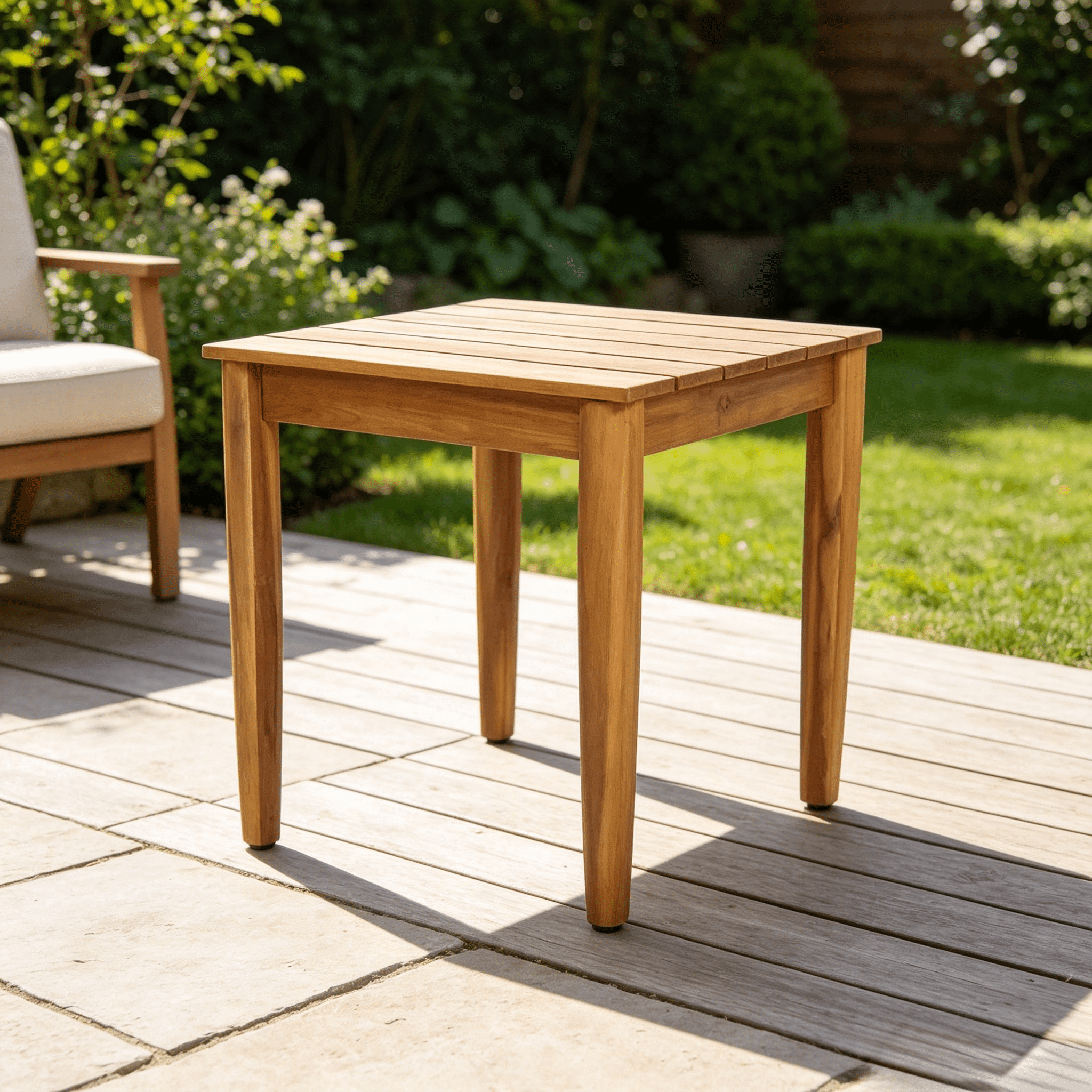 Outdoor Acacia Wood Square Side Table, Rustic Slat Top Patio End Table, Weather Resistant Solid Wood Accent Table for Backyard Garden Porch