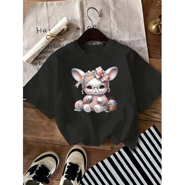 Camiseta Básica para Mujer Verano TranspirableCharming Vintage-Inspired Women's T-Shirt with Cute Bunny Print - Casual Round Neck, Short Sleeve, Polyester Top, Machine Washable - Black with Pink and