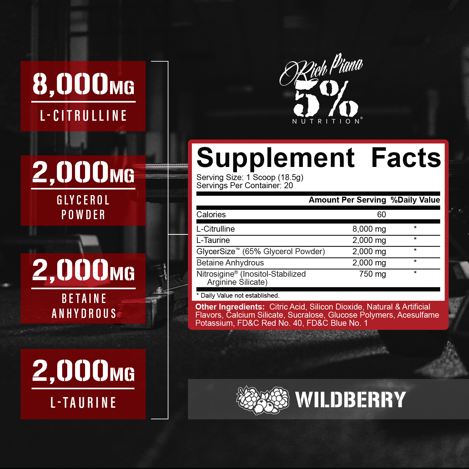 5% Nutrition Full AF Pre-Workout Stim-Free Powder Supplement, Caffeine-Free Max Pumps, 20 Servings (Wildberry)