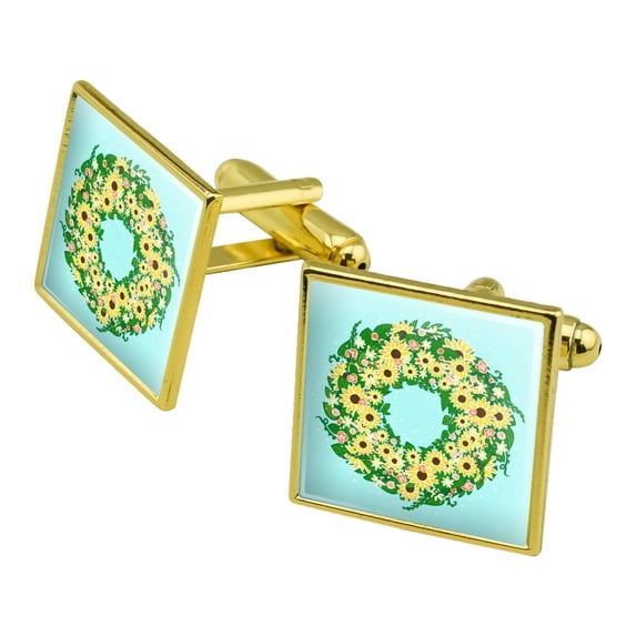 Summer Wreath Sunflowers Square Cufflink Set - Silver or Gold