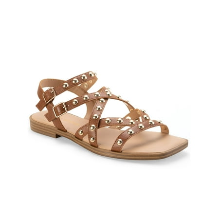 

SUN STONE Womens Brown Studded Strappy Angela Square Toe Buckle Slingback 6.5 M