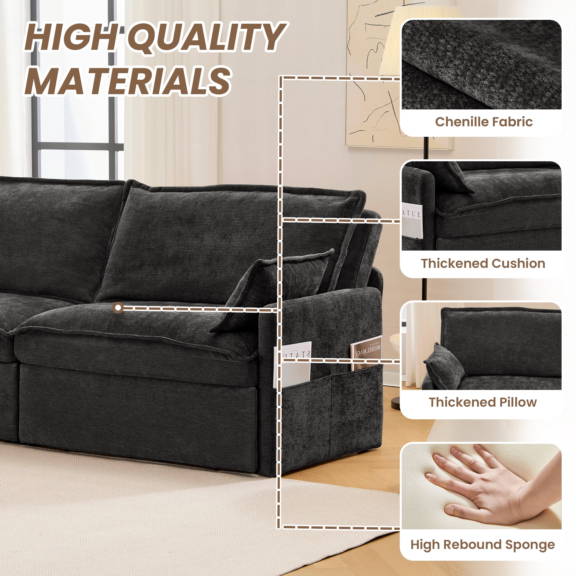 73.6'' Pull Out Sofa Bed, 3 in 1 Convertible Sleeper Loveseat Sofa, Pull Out Couch with USB Charging, Side Pockets for Living Room, Apartment, Small Spaces (Chenille, Black)