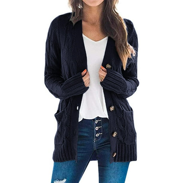 Jersey tipo cárdigan PRETTYGARDEN para mujer, tejido trenzado, azul marino