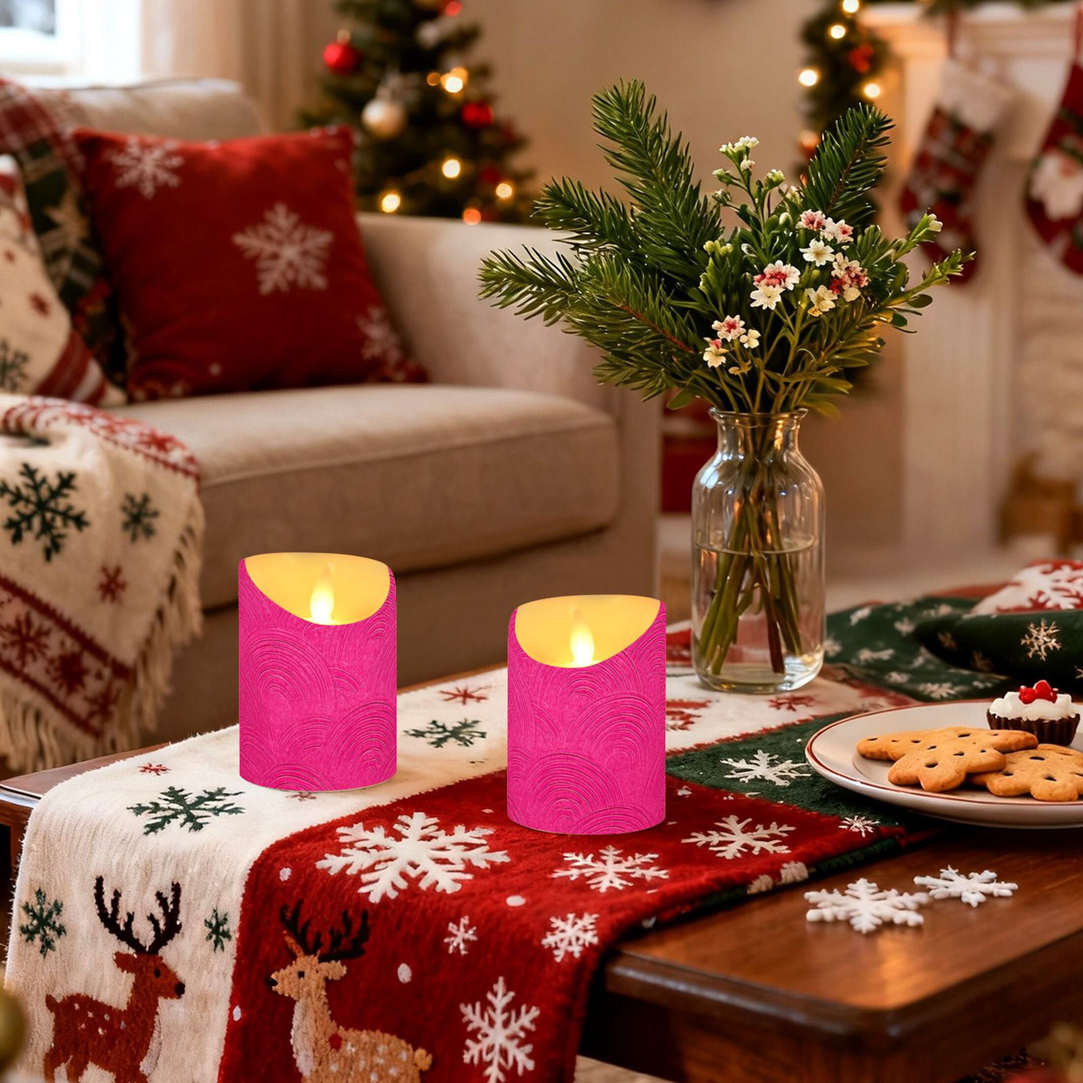Hot Pink Background with Waves Flickering Flameless Candles with Remote Timer Battery Operated LED Tealight Set of 2 M