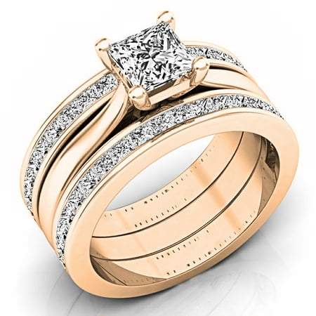 2.05 Carat (ctw) 10K Rose Gold Princess Cut White Diamond Ladies Bridal Engagement Ring Matching Band Set 2 CT