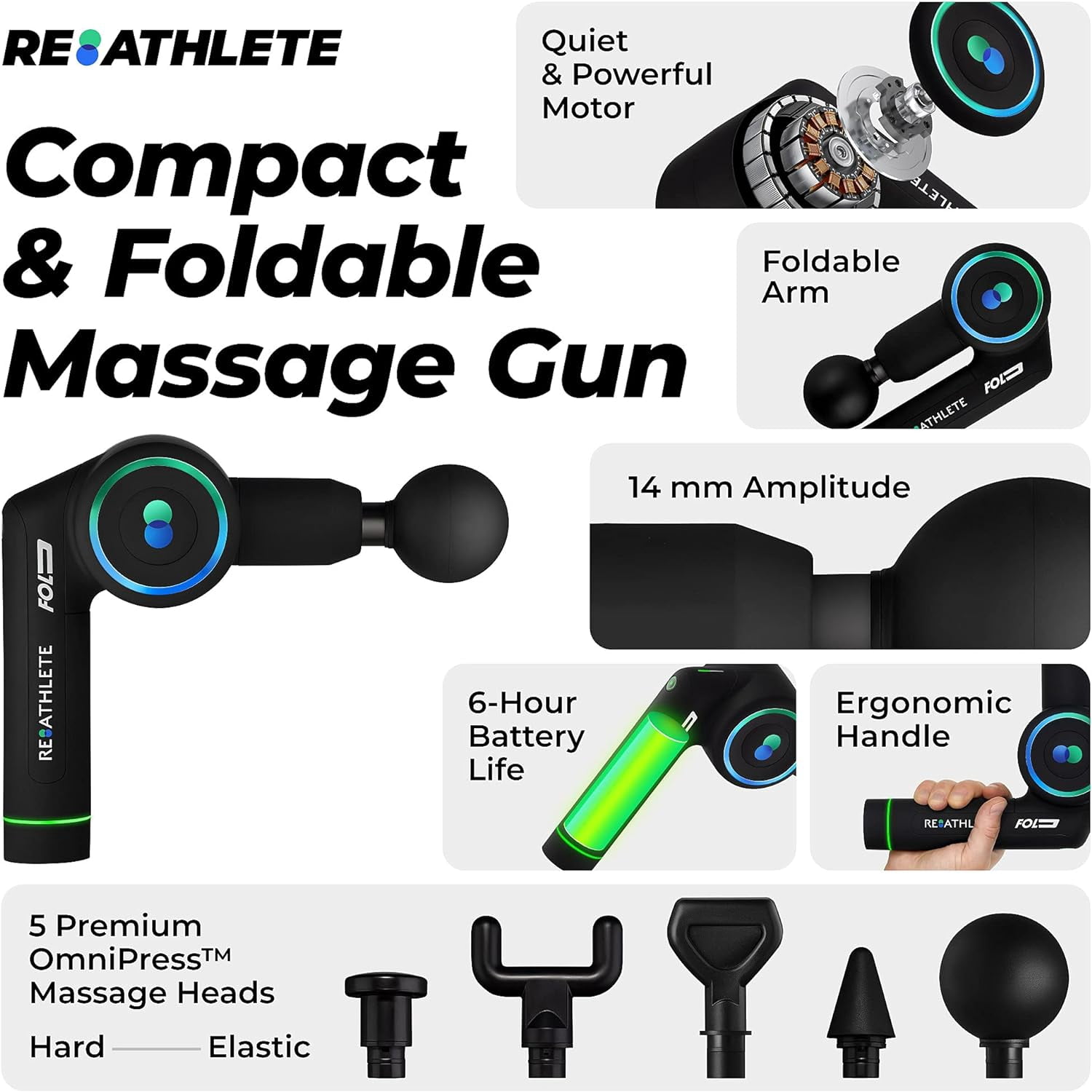 Reathlete FOLD Wireless Folding Percussion Massage Therapy Gun, Black