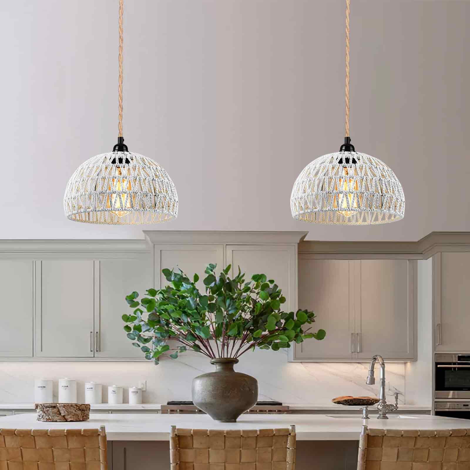 IC INSTANT COACH 1-Light Pendant Light, Dense Paper Birch Woven Basket Chandelier with Twist Hemp Hanging Cord E26 Plug in Coastal Pendant Light Fixtures for Dining Room Living Room Kitchen Island Foy