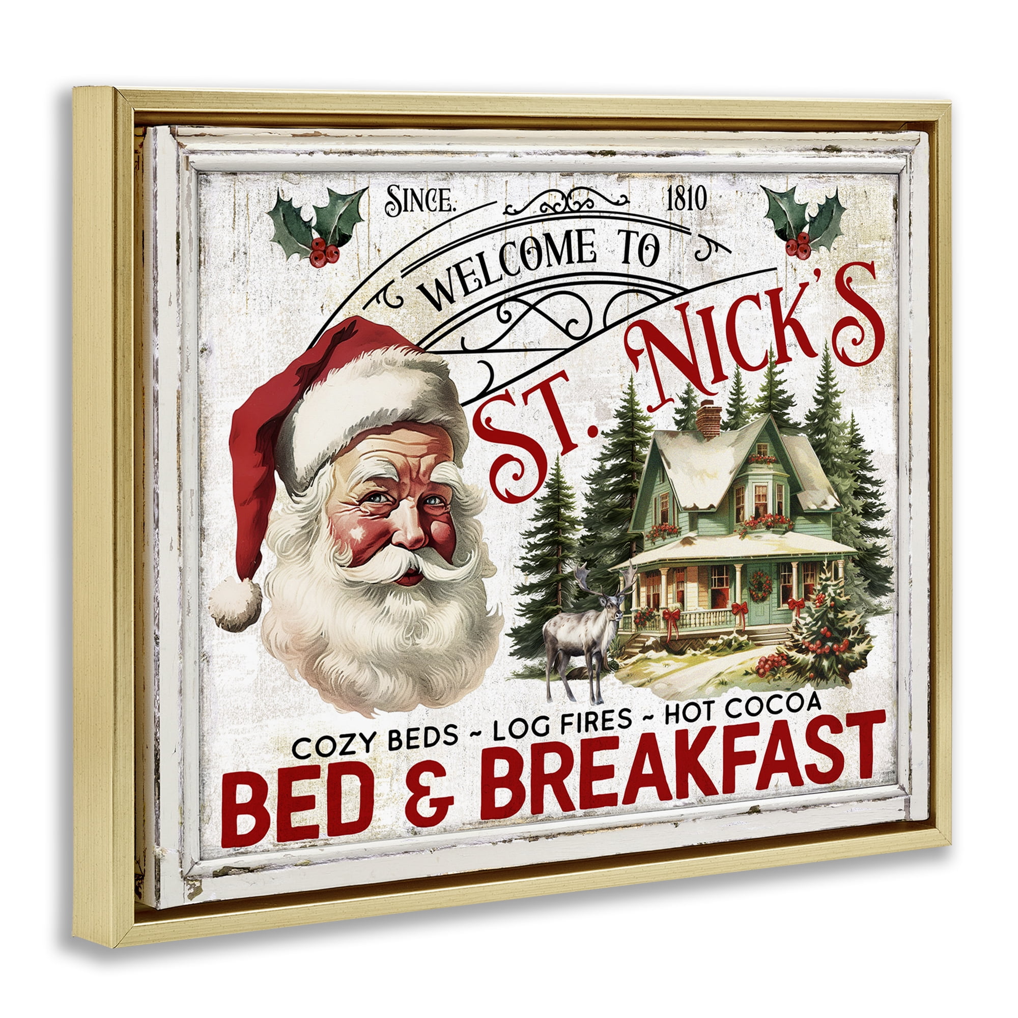 Stupell Industries St Nick's Bed & Breakfast Holiday Painting Gold Floater Framed Canvas Art Prints Wall Art, 21 x 17