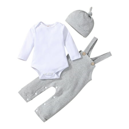 

Newborn Infant Baby Girls Boys Ribbed Autumn Long Sleeve Romper Jumpsuit Suspender Pants Hat Set Clothes
