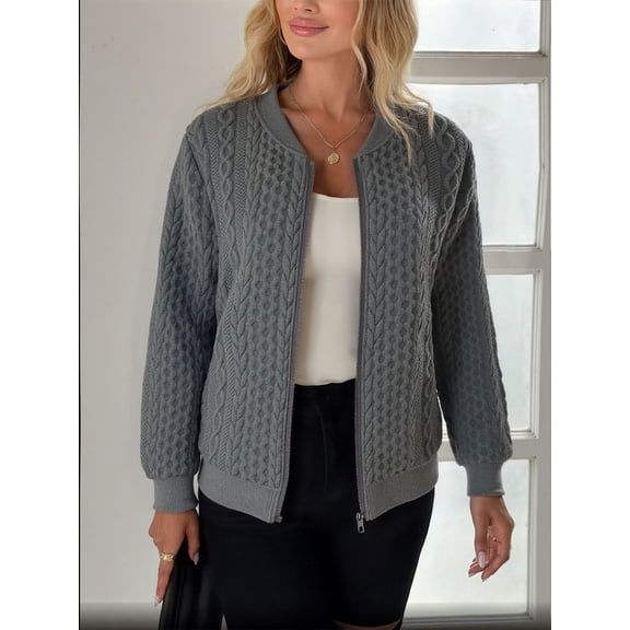 Women Knit Zip Up Bomber Jacket Long Sleeve Baseball Collar Textured Casual Knit Cardigan Outerwear for Fall Winter