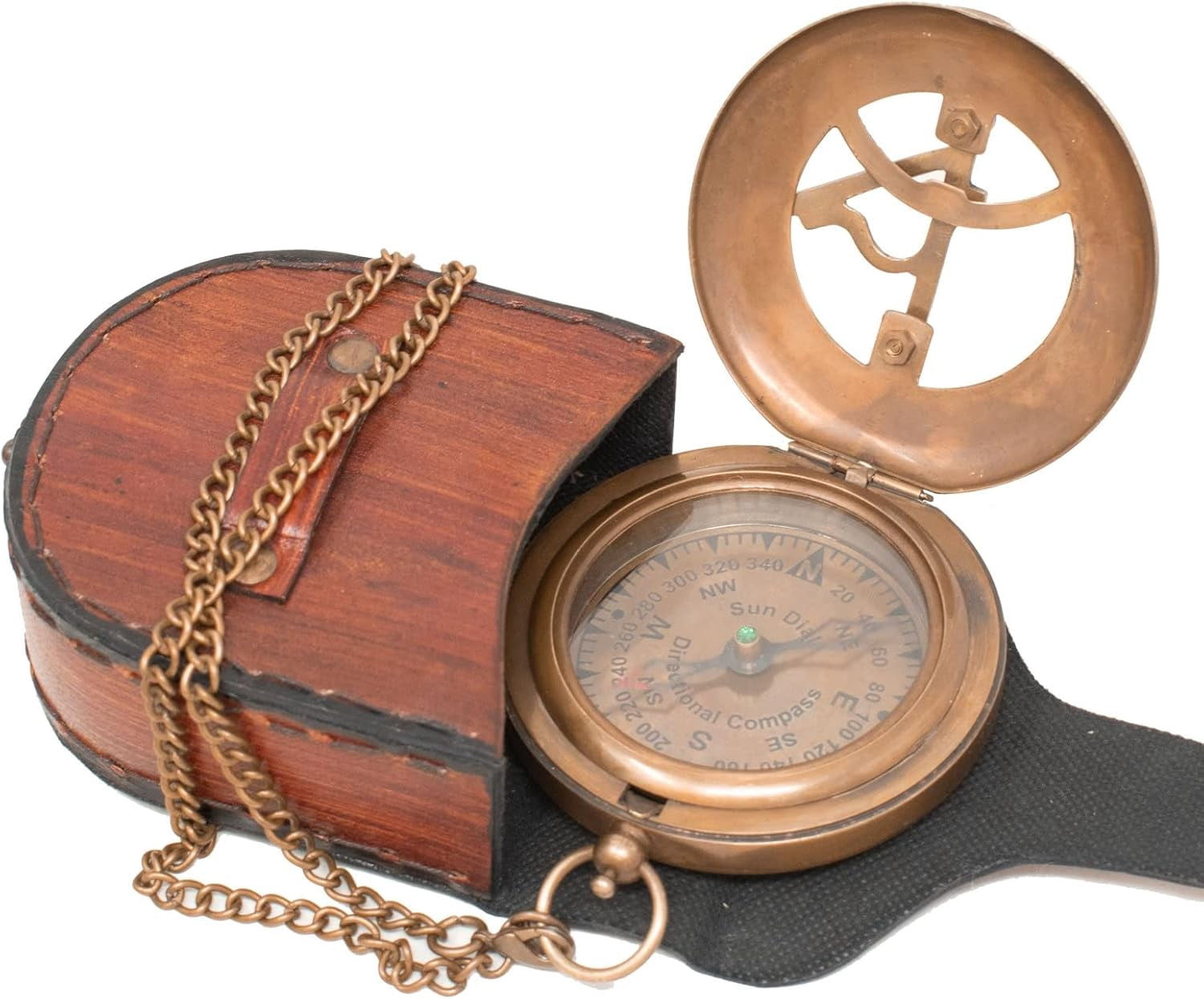 Brass Sundial Working Compass With Leather Case